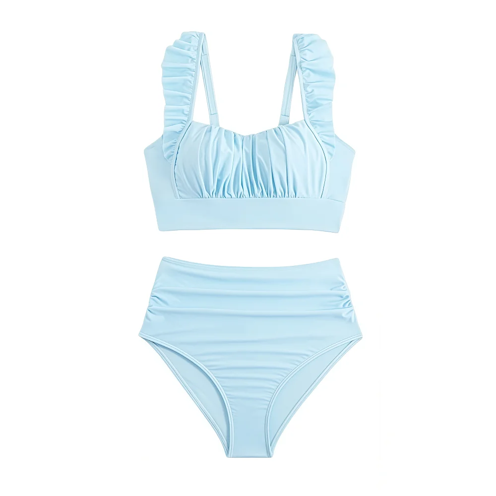 2025 Sommer Damen Badeanzug 3-teiliges Set Hellblau Rüschen Bikini Blumen Cover Up Kleid Beachwear Badeanzug mit hoher Taille