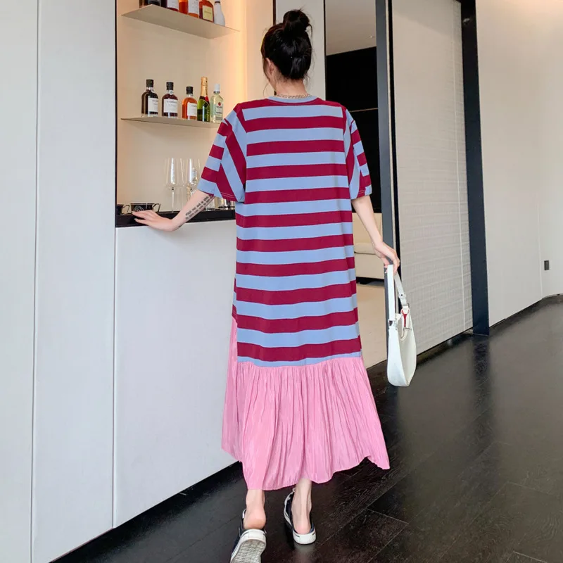 #6119Summer Short Sleeve Tshirt Dress Cotton O-neck Split Joint Pleated Vestidos Sexy False Two Piece Striped Dress Ankle-length