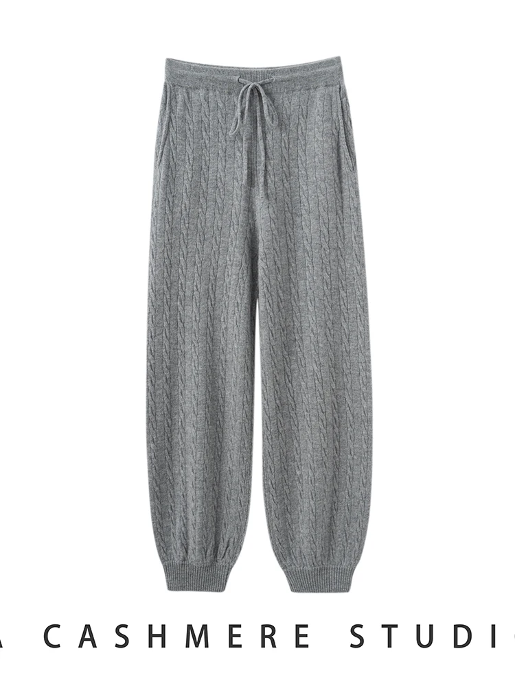 

TLOML New Women's 100% Cashmere Knitted Cable Knit Bloomers Pants Autumn Winter Soft Warm Comfy Casual Trousers Cashmere Pants