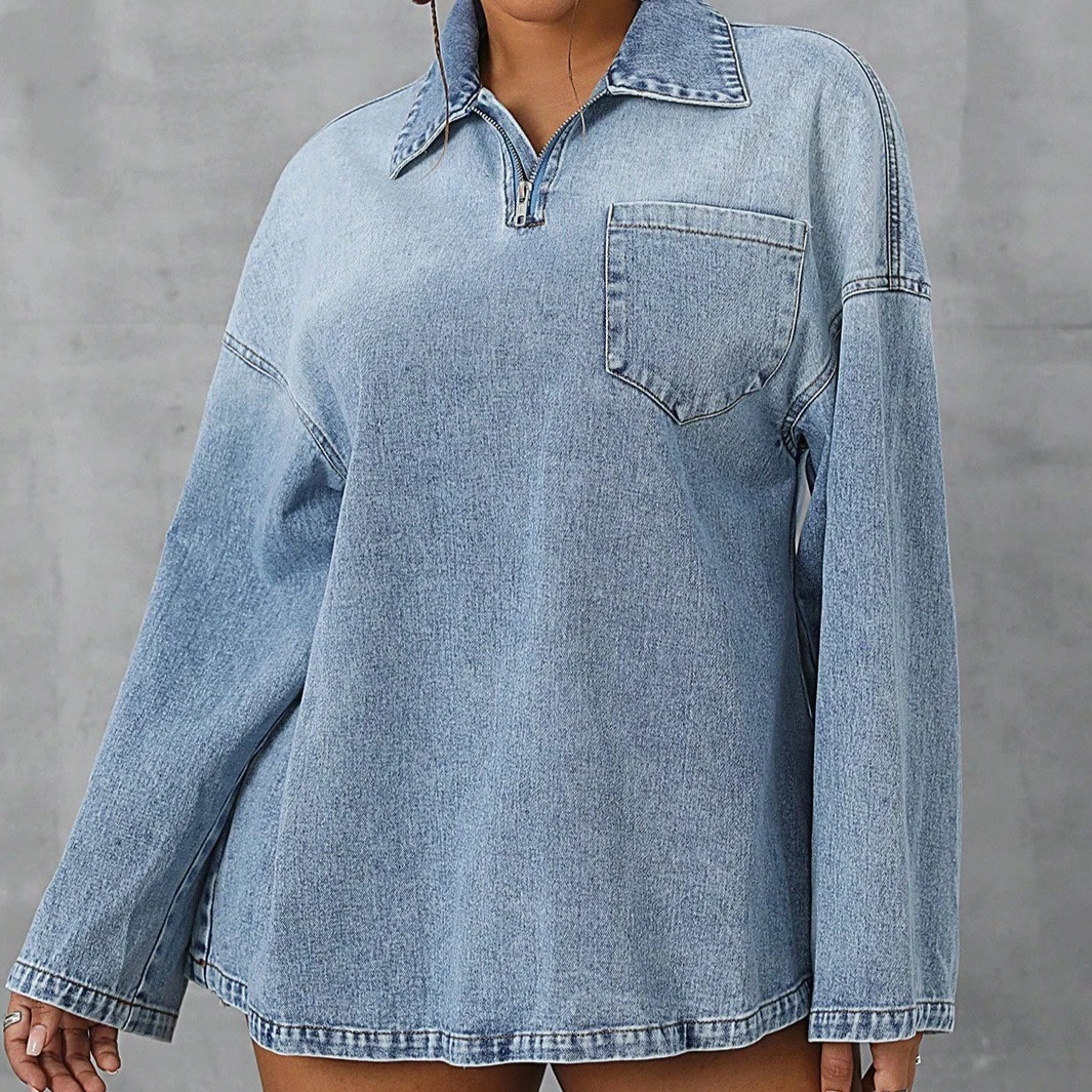 

Women Denim Coat Solid Jackets Pocket Turn Down Collar Long Sleeves Slight Strech Loose Fit Casual Streetwear 2025 Spring Autumn
