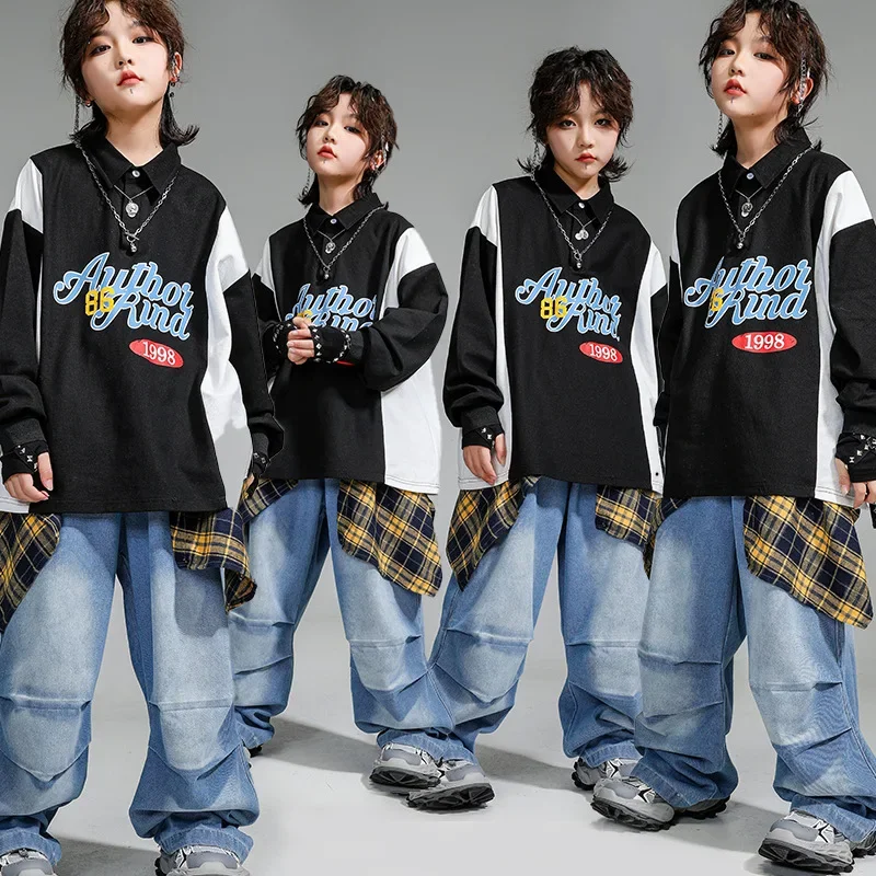 Kid Hip Hop Clothing Black Polo Neck Sweatshirt Top Denim Blue Casual Jeans Baggy Pants for Girl Boy Jazz Dance Costume Clothes