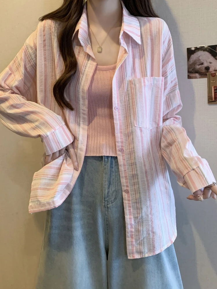 

Slimming plus Size Women's Spring Autumn Striped Sun Protection Shirt And Tank Top Set Korean Style Collar Long Sleeve L...