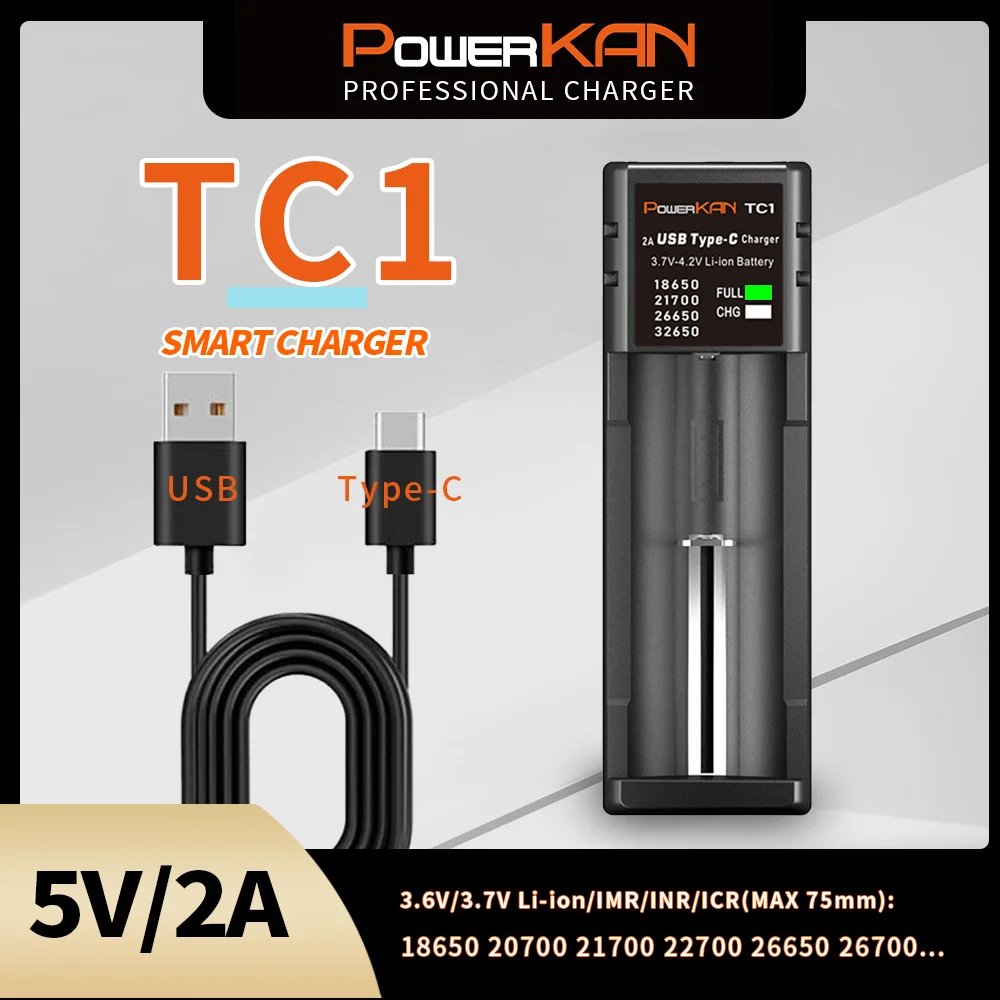 

POWERKAN TC1 Battery Charger for Lithium Batteries 18650 21700 26650 IMR INR ICR Type-C Single Slot Portable Small Size Charging