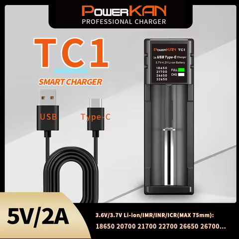 POWERKAN TC1 Battery Charger for Li-Ion Batteries 21700 18650 26650Battery Charger, Type-C Single Slot Battery Charging Charger