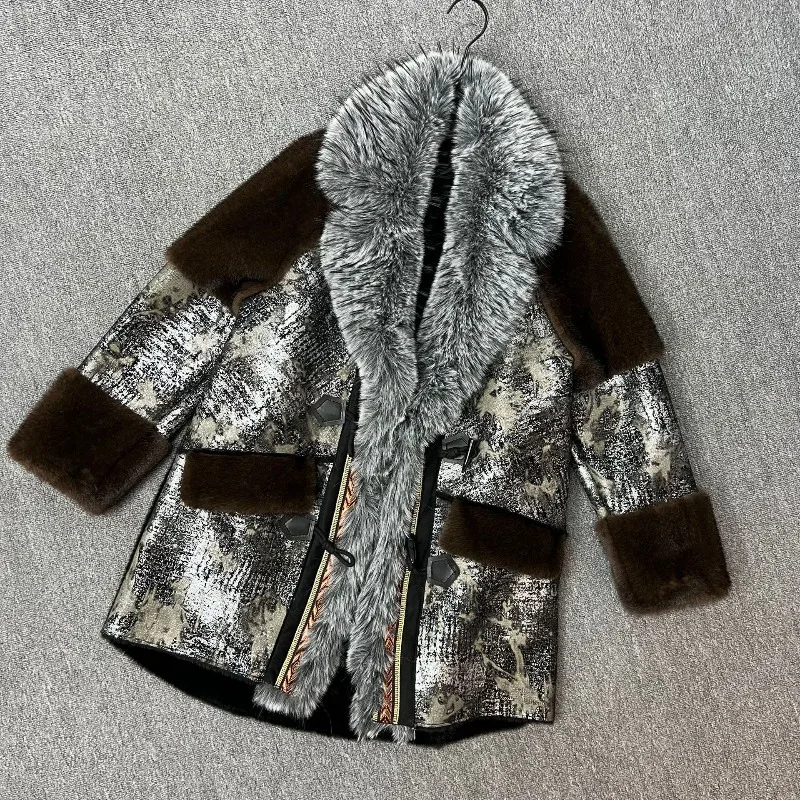 Winter New Long Thickened Sheepskin V-Neck Horn Button Furry Coat Ladies Korean Style Loose Slimming Faux Fur Overcoat For Women