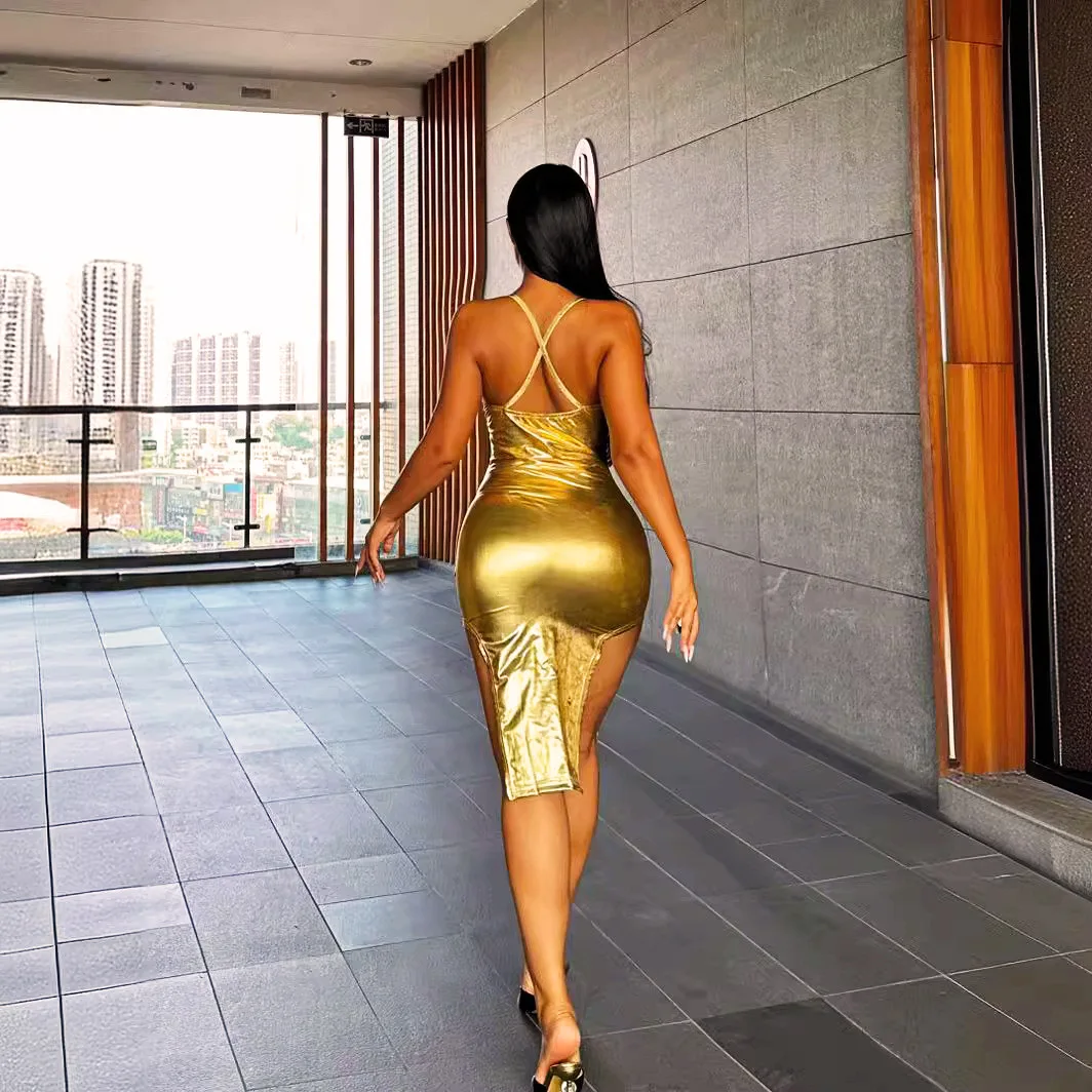 Golden camisole dress with cross over backless slit tight fitting skirt for women