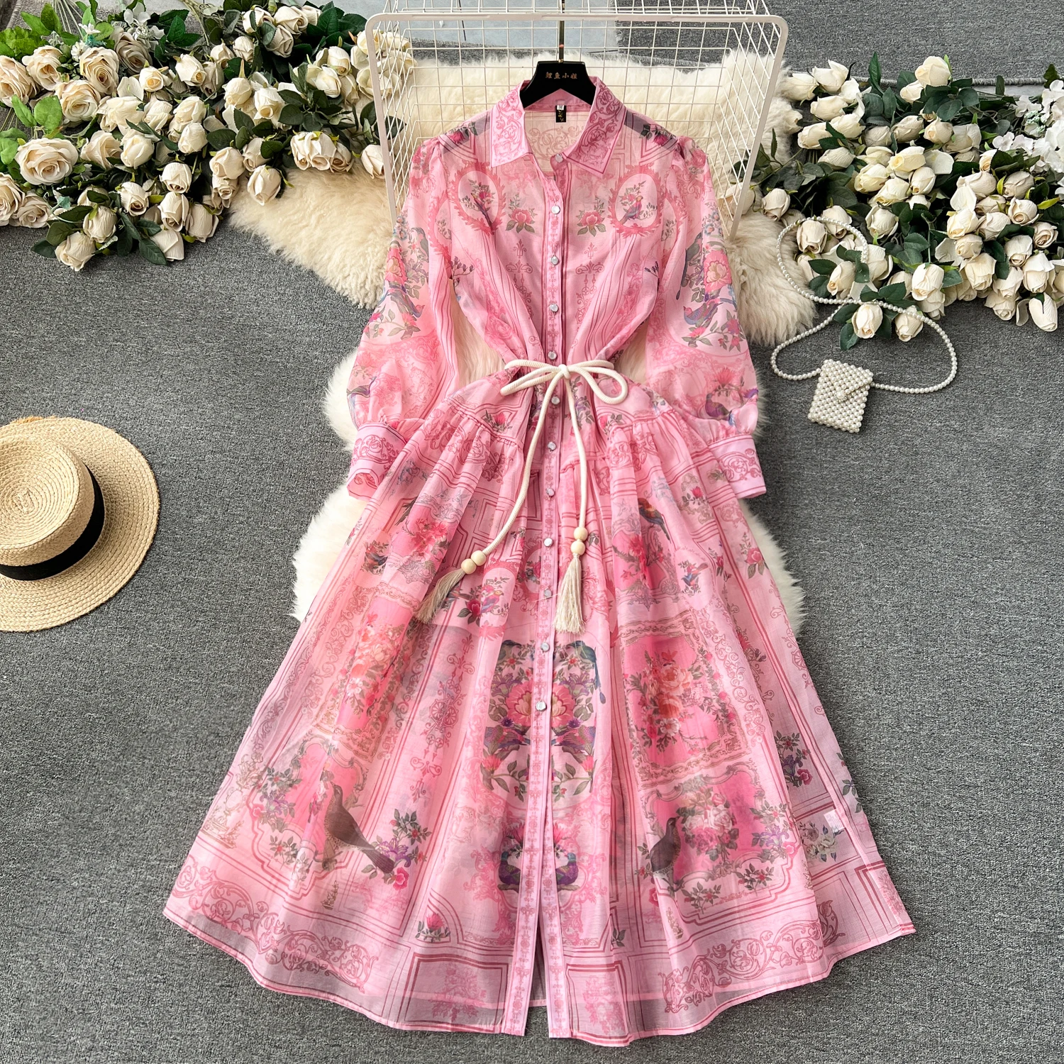 Vintage  Print Elegant  A-line lool Sleeve Bandage loose Turn-down Collar Dress Casual Women  Fashion summer Spring dresses