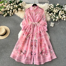 Vintage  Print Elegant  A-line lool Sleeve Bandage loose Turn-down Collar Dress Casual Women  Fashion summer Spring dresses