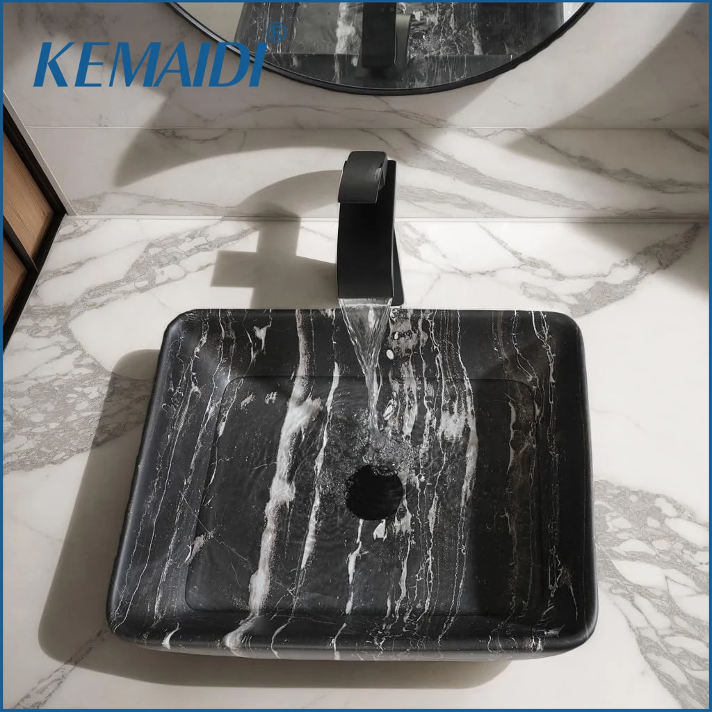 

KEMAIDI Black Marbling Bathroom Sink Bathroom Vessel Sink Faucet Rectangle Above Counter Ceramic Sink Bowl for Bathroom,Garden