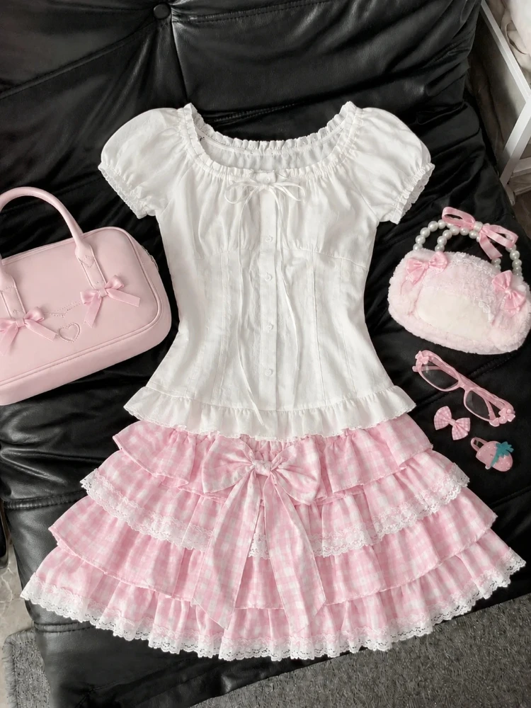 Japanese Sweet 2 Piece Matching Sets Female Y2k Crop Blouse Mini Skirts Retro American Casual Holiday Outfit For Young Ladies image 3