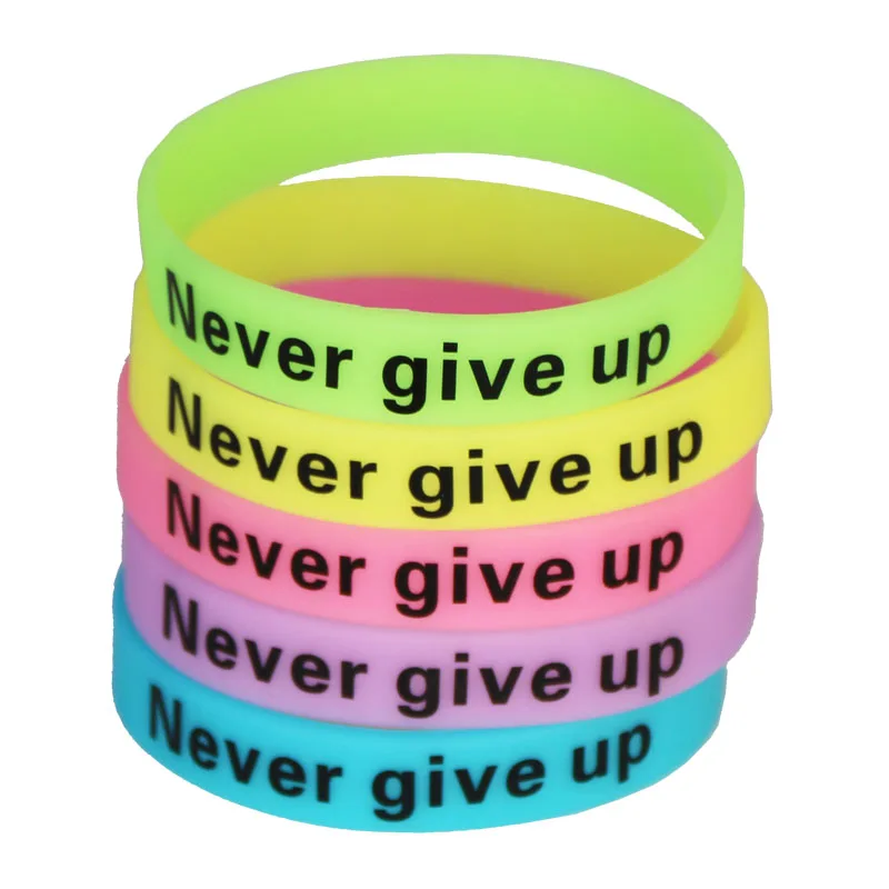 5PCS Glow In Dark Silicone Rubber Elasticity Sport Wristband Never Give Up Print Unisex Cuff Bracelets&Bangles Candy Color SH095