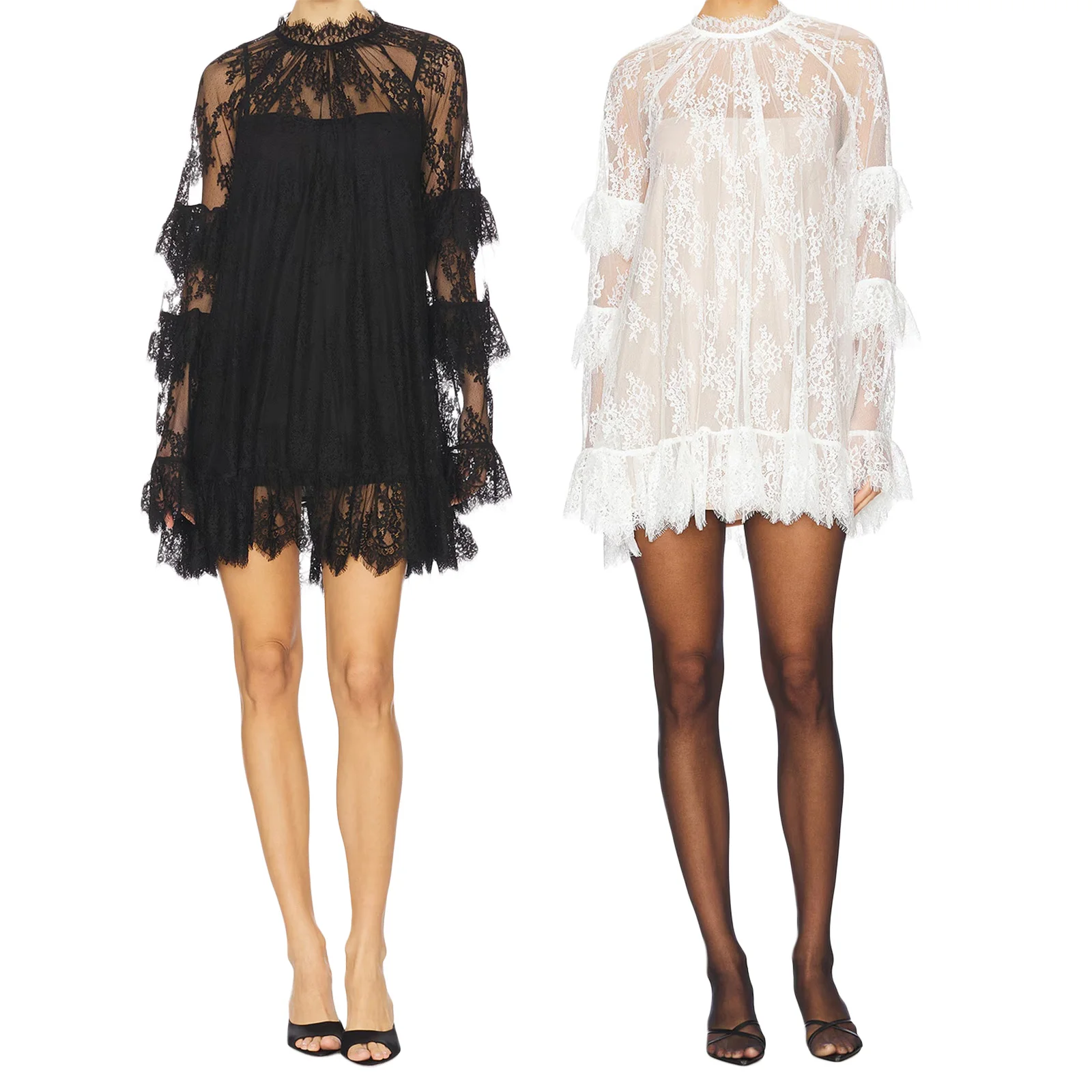 Damen-Cocktailkleid mit Blumenspitze, durchsichtig, gerüscht, langärmelig, hoher Rollkragenpullover, transparenter ausgestellter Saum, kurzes Mini-A-Linien-Kleid