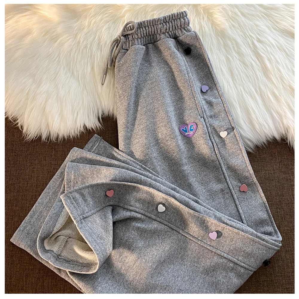 Y2k New Pants Girl Autumn Loose Korean Love Button Design Sense Casual Straight Pants Nine Points Sports Pants Streetwear Women