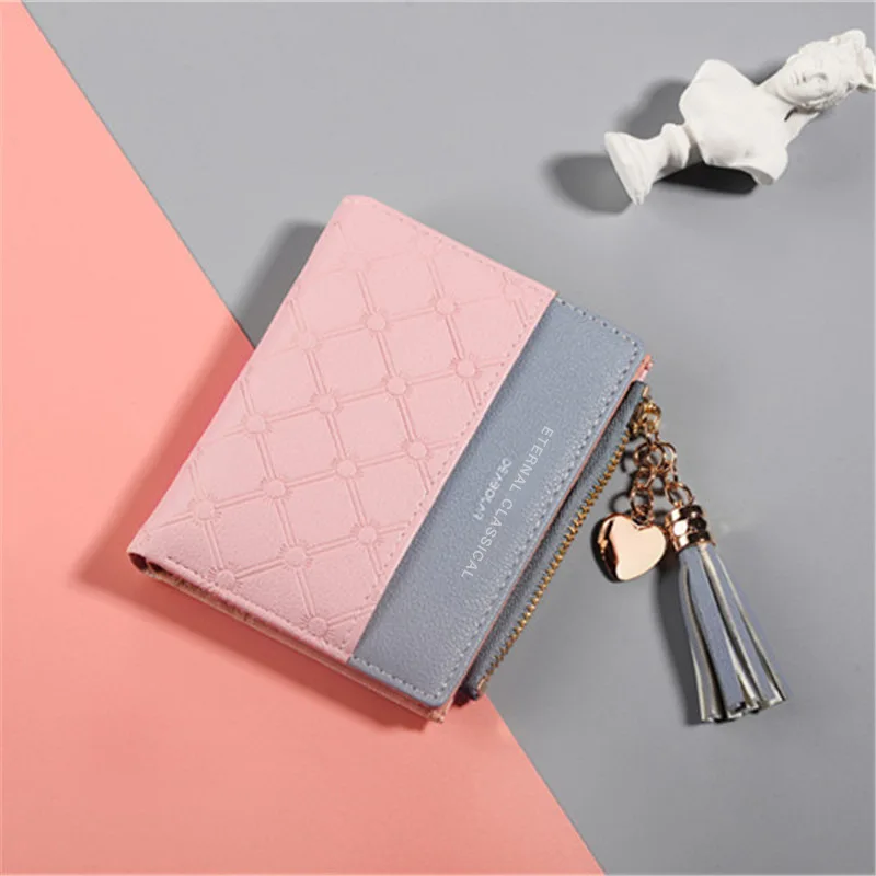 

Korean version of the new women's short wallet, splicing contrasting color short wallet, tassel zipper, multi-card change bag.