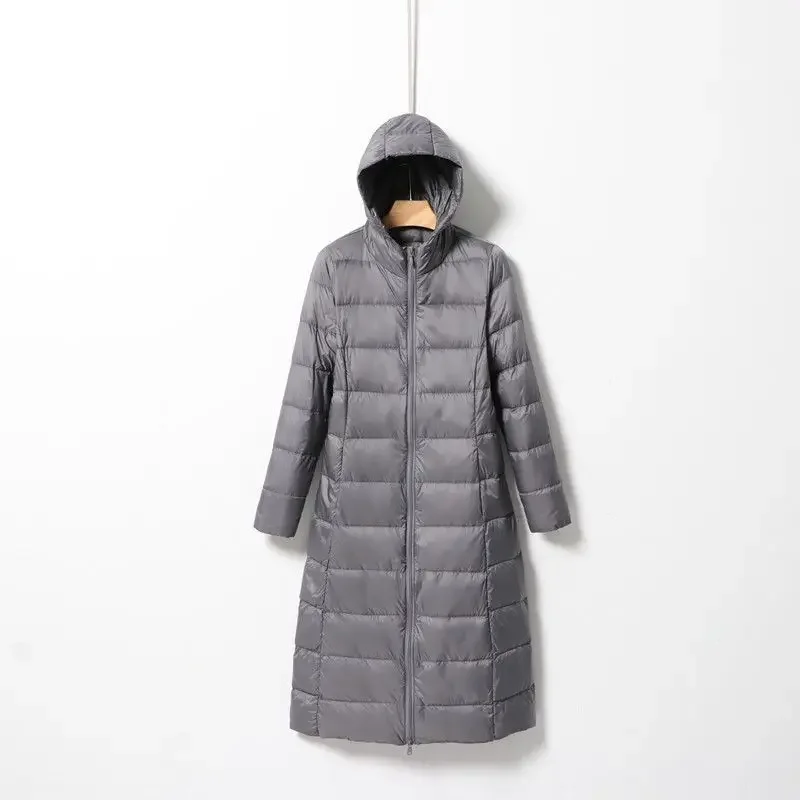 フード付きスリムフィット薄手冬用アウターパファージャケット女性用軽量ダウンジャケットロングホワイトダックダウンコート