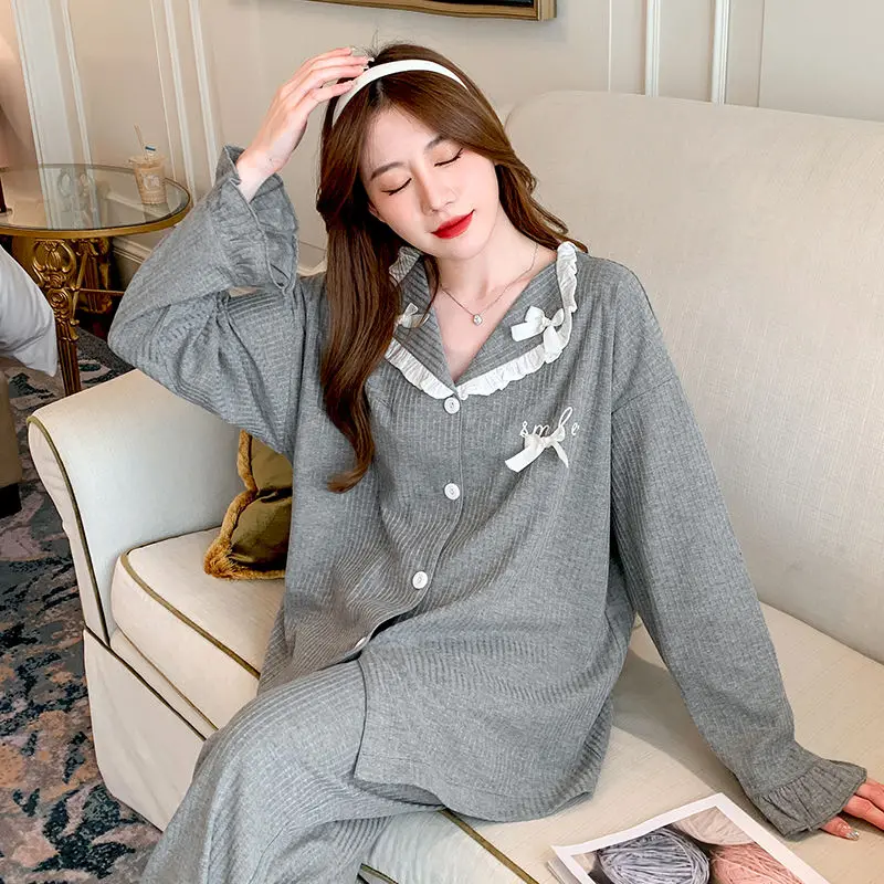 

Spring and autumn knitted cotton pajamas women's striped lace cardigan small lapel long-sleeved pajamas women's homewear suit