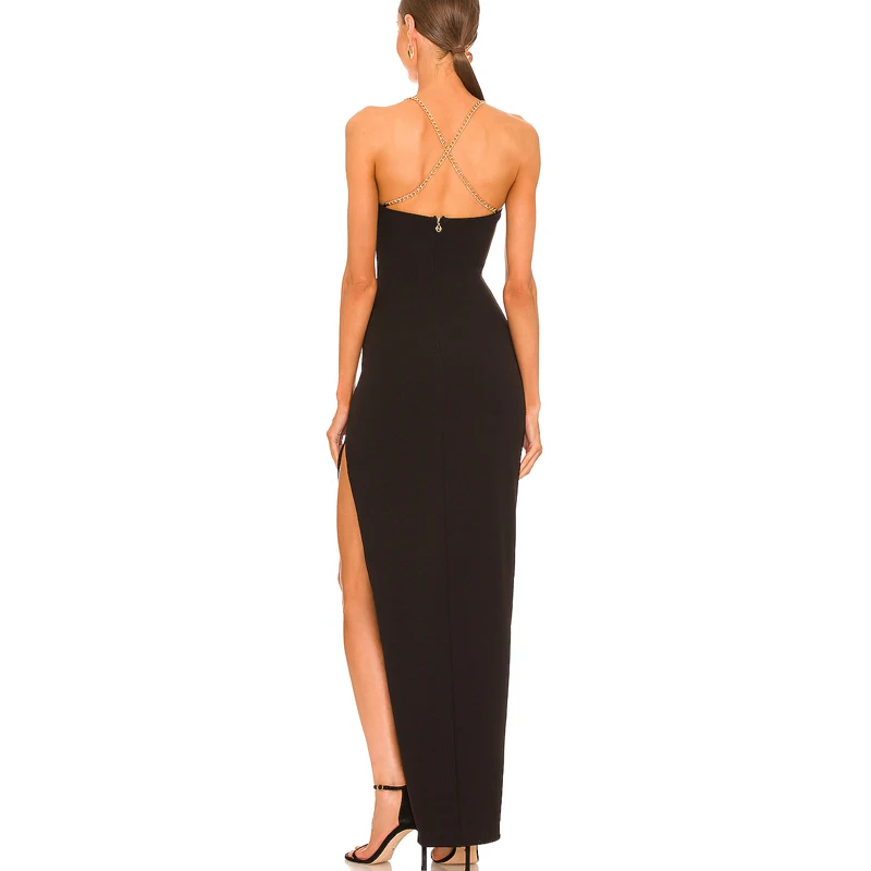 Temperament Black Backless Metal Chain, Shoulder Straps Sexy Slip Dress, Skinny Slit Party Dress Dress Long