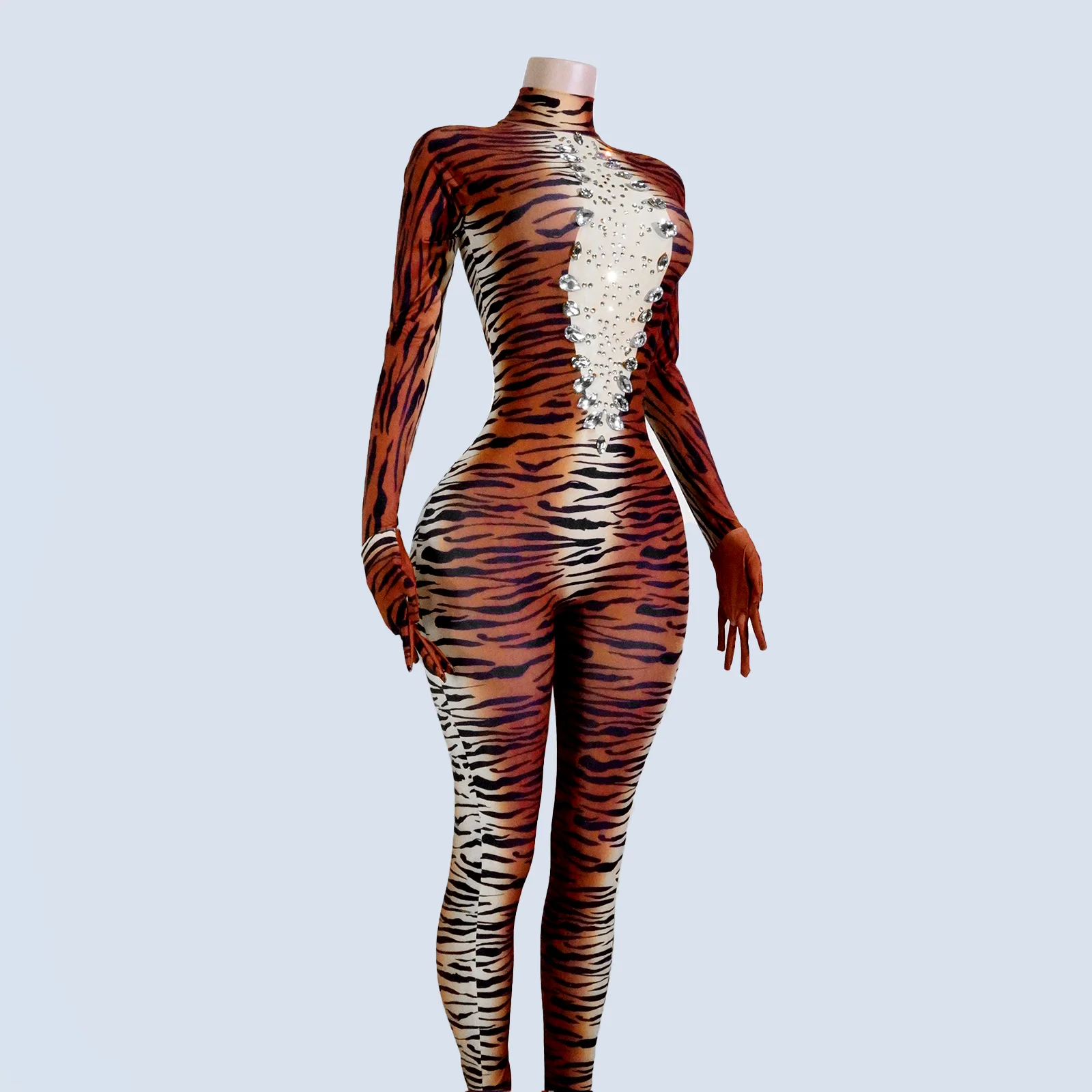 

Stage Costume Brown Tiger Stripes Rhinestones Jumpsuits Pole Dance Performance Outfit Drag Queen NightClub Clothes Festival Wear
