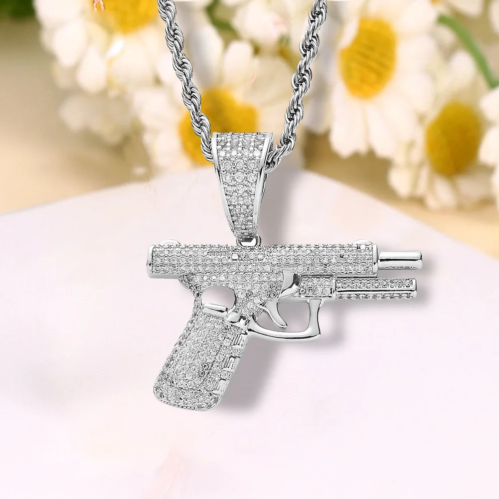 European and American necklace, hip-hop small pistol necklace, creative diamond inlaid zircon machine gun, trendy men's accessor view 5
