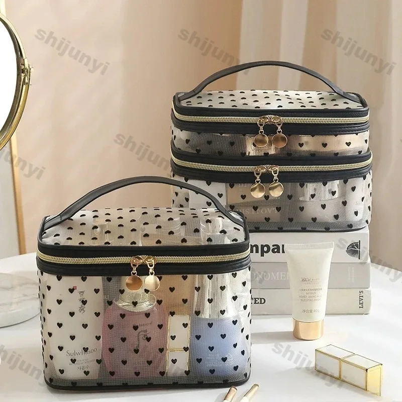 Nylon-Netz-Kosmetiktasche mit Reißverschluss, herzförmiger Toilettenartikel-Organizer, Make-up-Taschen, multifunktionale Damen-Lippenstift-Schlüssel-Münzgeldbörse.