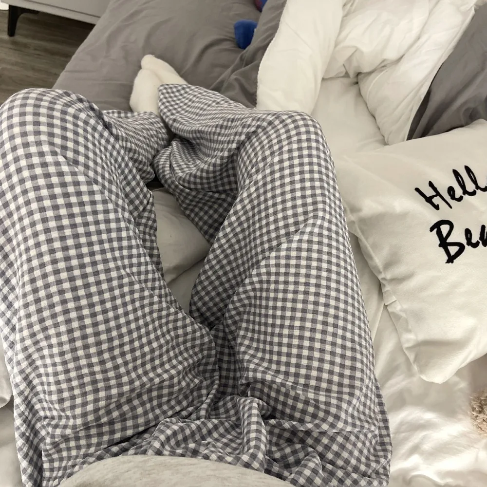 

Soft Stripe Plaid Casual Pants Women Wide Leg High Waist Girls’ Sleepwear Pajamas Nightwear Sweet Trousers Students