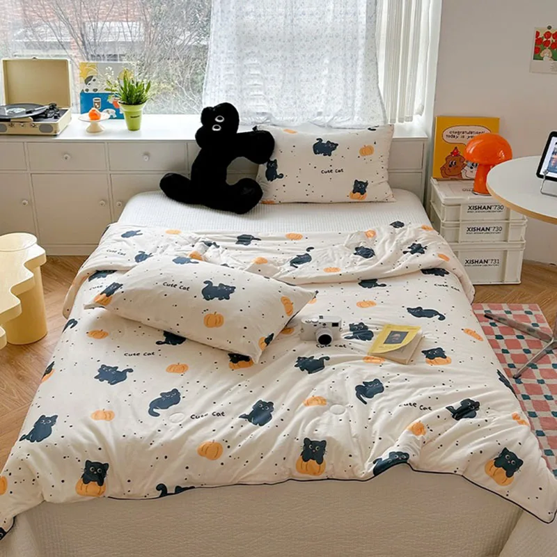Korean Printed Knitted Cotton Summer Quilt Lovely Skin-Friendly Soybean Fiber Thin Quilt Cozy Cooling Air Conditioning Blanket