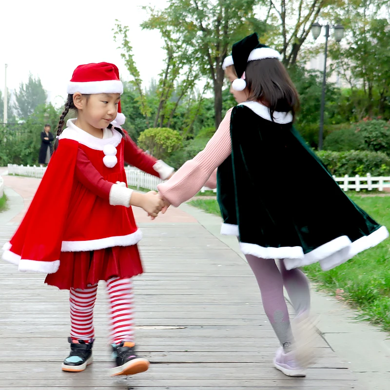 Christmas Girl Santa Claus Costume/Cloak ，Toddler Baby Red Xmas Clothes，Children New Year Santa Claus Set