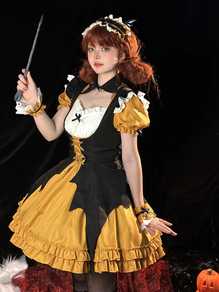

Cute Maid Uniform Cosplay Halloween Small Devil Witch Costume Pumpkin Color Lolita Set Dress for Women Autumn Fashion