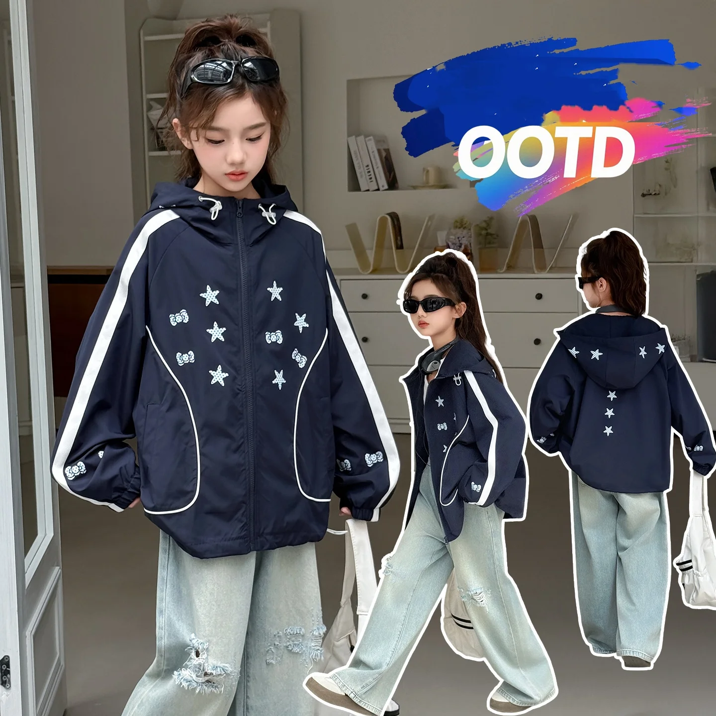 

Kids Spring Autumn Jacket Child Windbreak 4-14Y Baby Girl Vintage Casual Fashion Coat Little Child Star Printed Daily Outwear