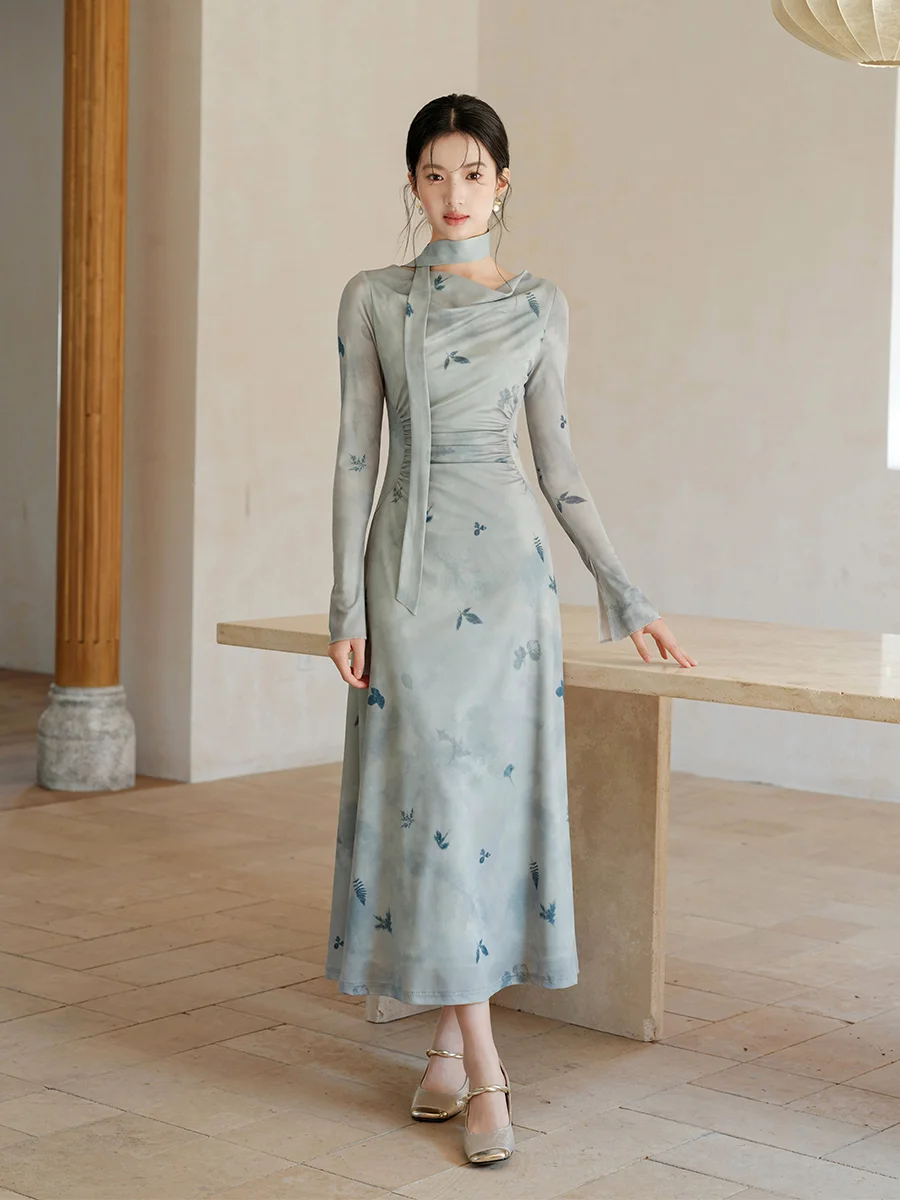 

Новое китайское длинное платье ChuChan для женщин: осеннее, приталенное, романтичное, с градиентным принтом, с завышенной талией, с длинными рукавами