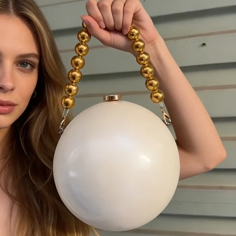 

French Style White Acrylic Ball Bag Shiny Beaded Chain Handbag Elegant Party & Banquet Clutch Luxury Round Glossy Evening Purse