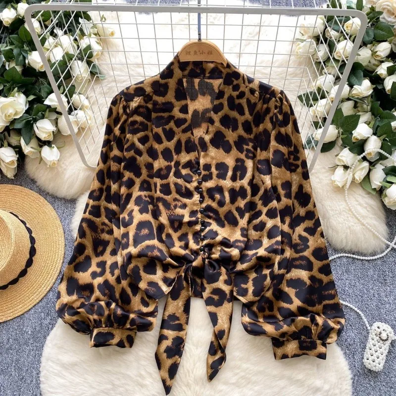 

Spring Autumn Women's Blouse Top Stylish Designer Tie-front Fitted Waist V-neck Fit Flattering Silhouette Casual Leopard Print