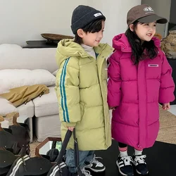 3-8Y Winter Korean Children X-Long Style Down Cotton Padded Jackets Baby Boys Girls Zipper Hooded Outwear Kids Thick Warm Parkas