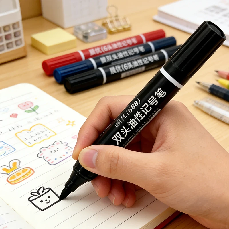 

5pcs Double Headed Permanent Markers Black Red Blue Oil Marker Pens Waterproof Quick-Drying Marker Pens for Stationery School