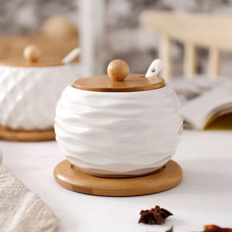 

Household Ceramic Seasoning Jar With Spoon Wooden Lid Kitchen White Spice Organizer Canister Sugar Salt Seasoning Bottle ZG186