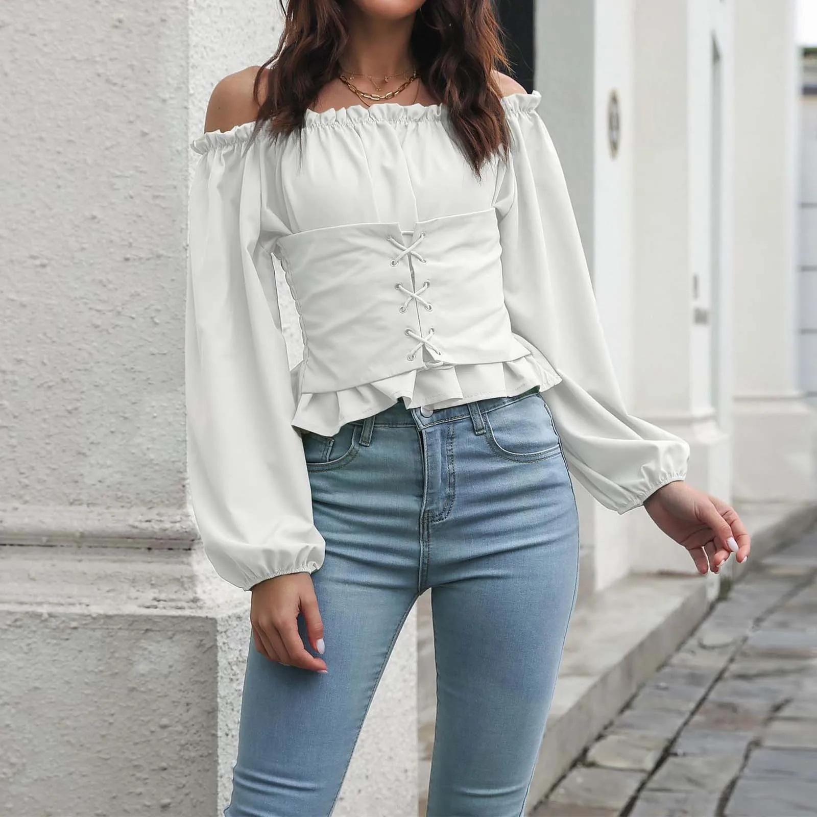 

Slash Neck Women Blouse Solid Color Front Tie Off Shoulder Bandage Shirt Chiffon Top Slim Lantern Sleeve Solid Blouses Tops