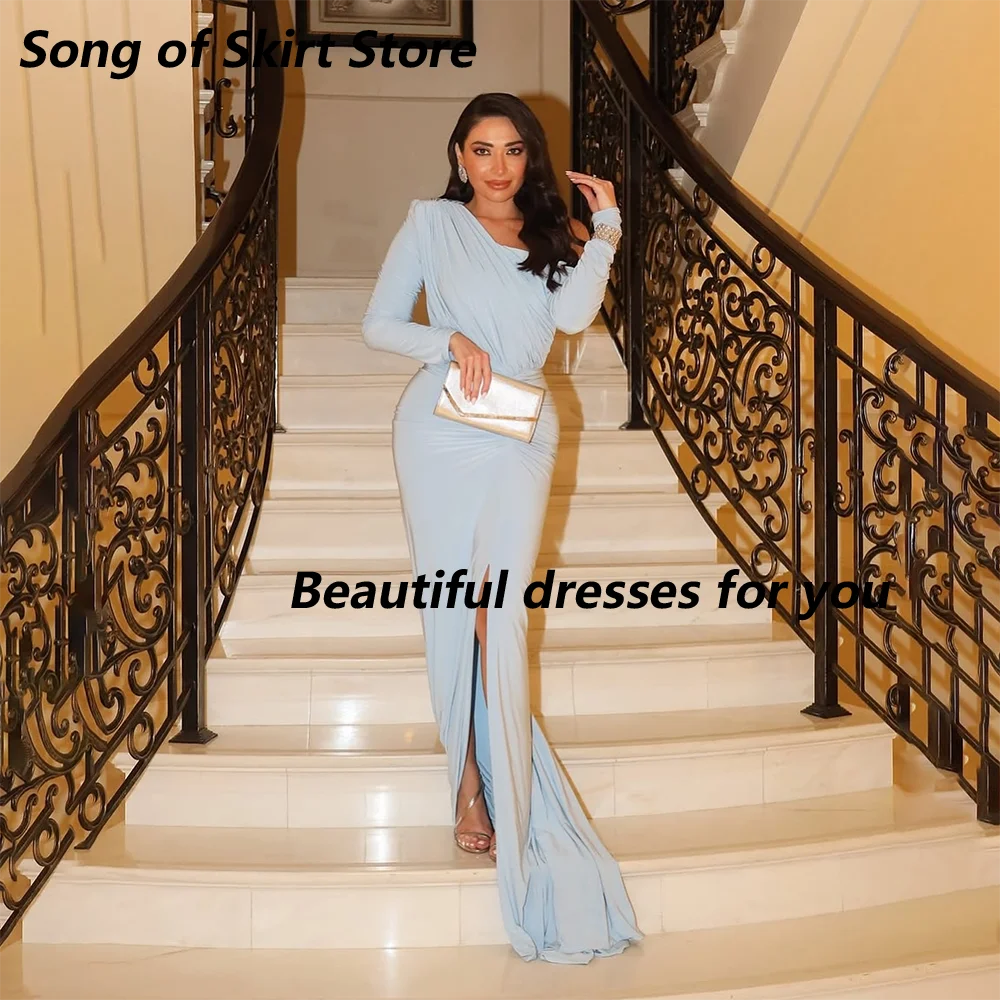 

Elegant Wedding Party Dresses Light Blue Off The Shoulder Formal Gowns Pleated Slit Mermaid Women's Evening Dress Customized