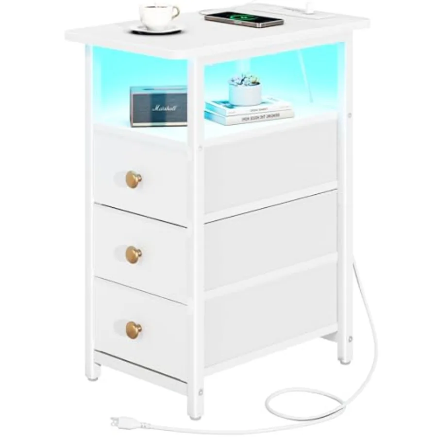 End Table with Charging Station LED Narrow Side Table Bedside Table Small Night Stand End Tables Living Room Skinny Nightstand