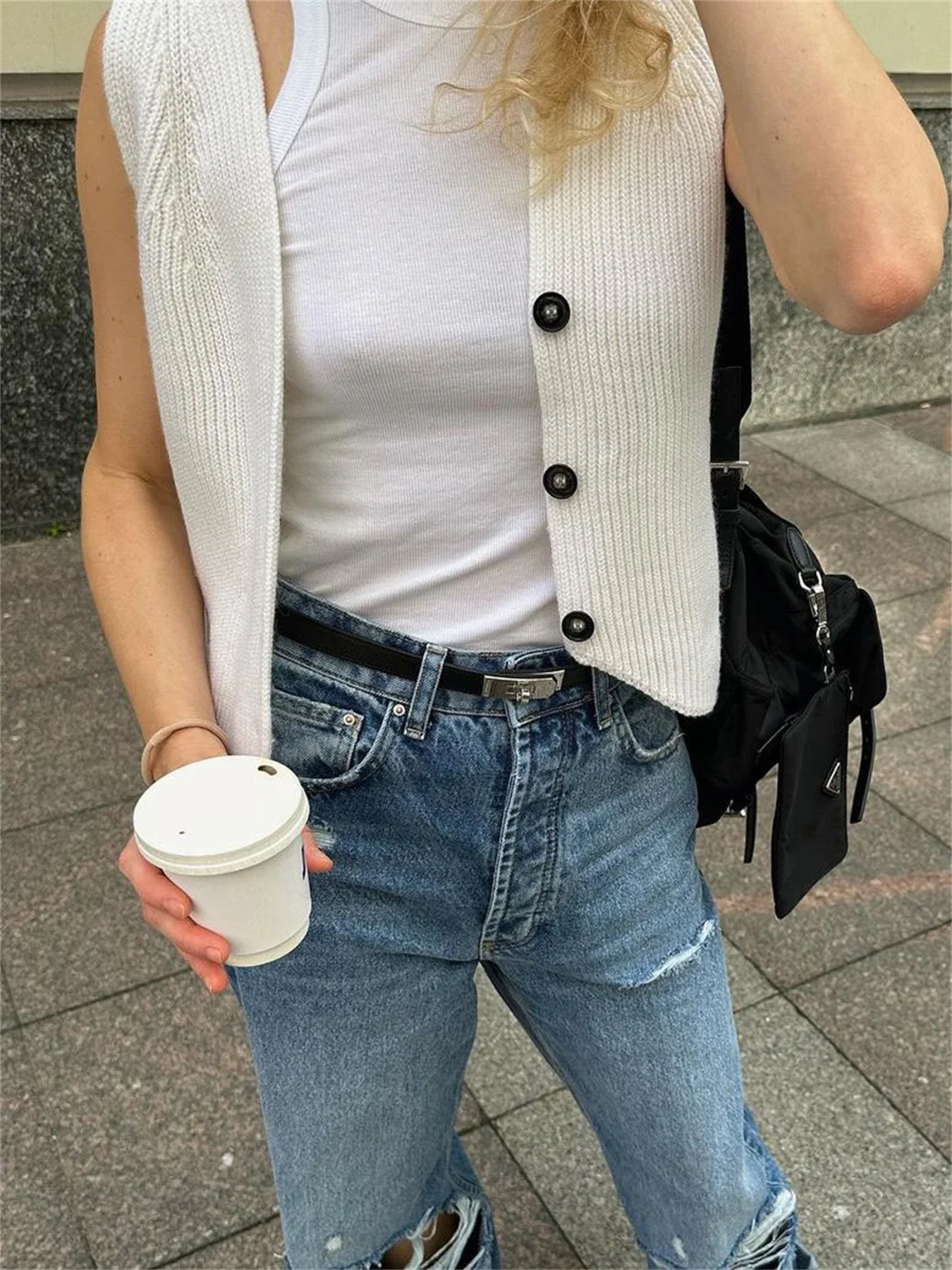 Knit Casual Ribbed Vest Cardigan For Women Solid Slim V-Neck Sleeveless High Waist Outwear Female Loose Knit Vest Sweater