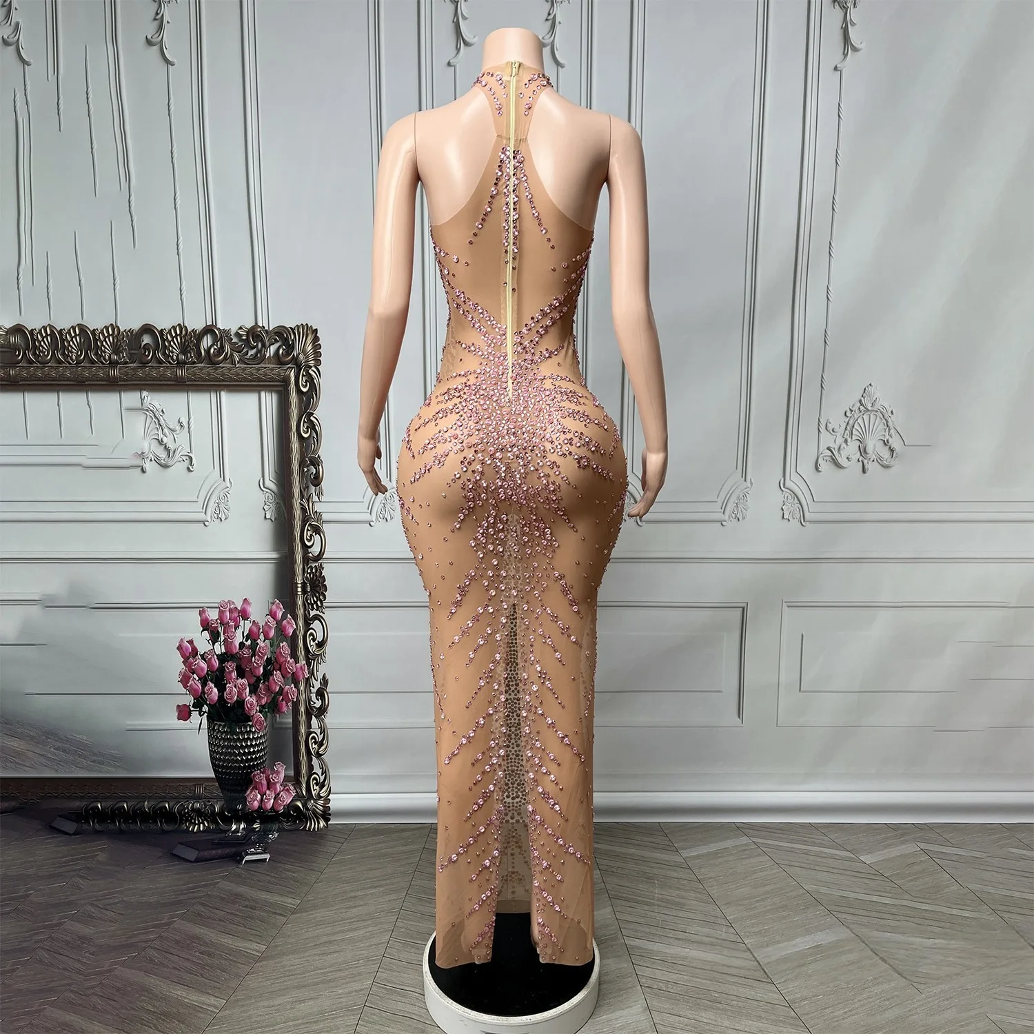 Women luxury Evening Party Prom Gowns Purple Diamonds Stick Mesh Bodycon See Through Special Occassion Birthday Celebrity Dress