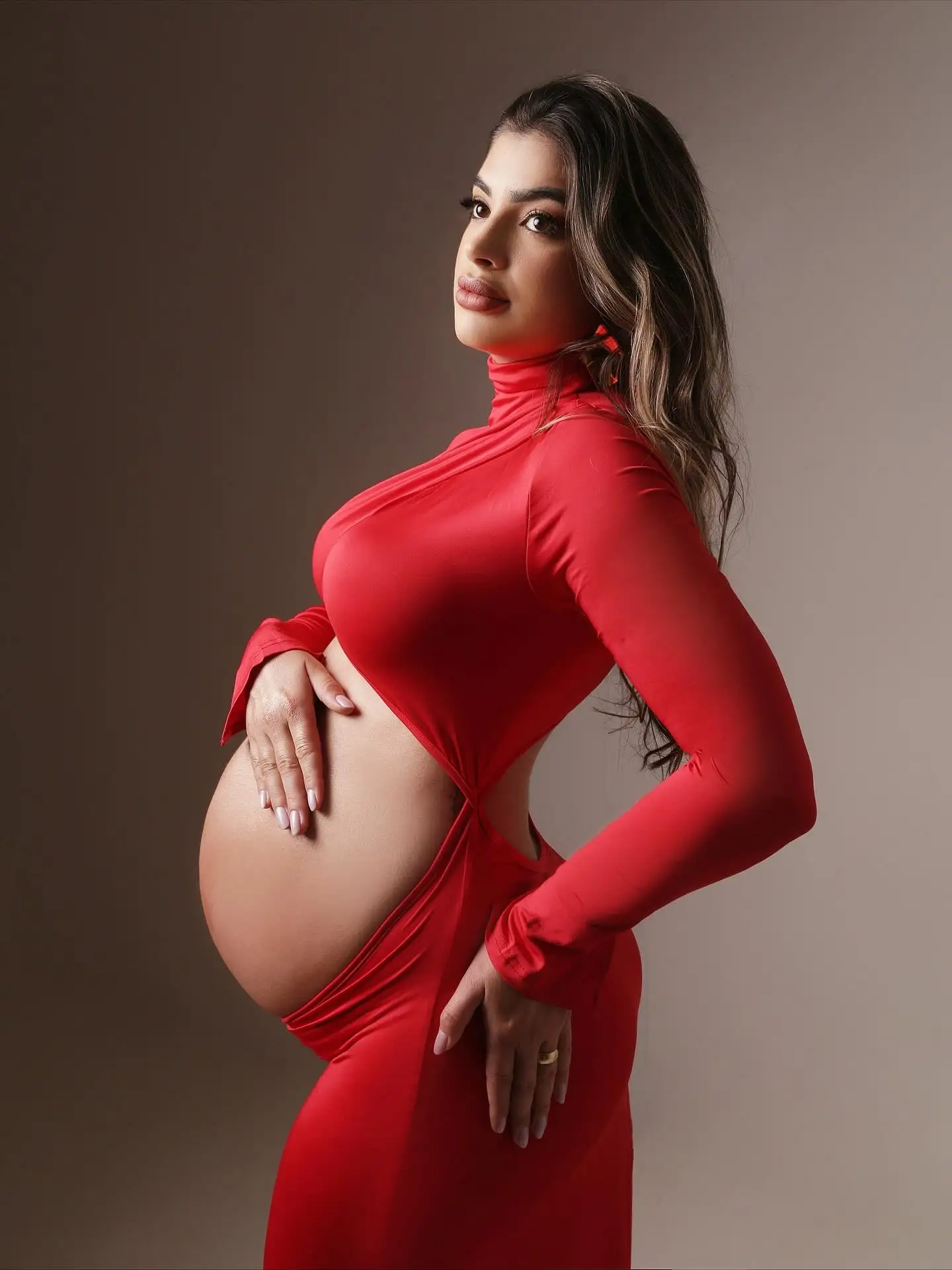 Beauty Red Maternity Dress Photoshoot Cut-Out High Neck Stretch Baby Shower Dresses Pregnancy Photography Dress Shooting Outfit