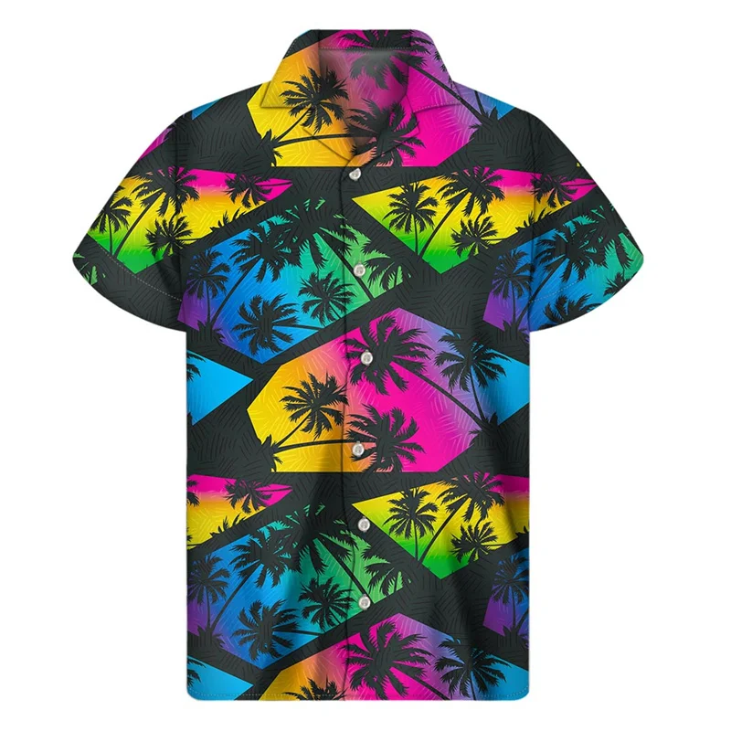 Camisa estampada 3D palmeira masculina, férias de verão, padrão de plantas tropicais, manga curta, botão havaiano, blusa lapela