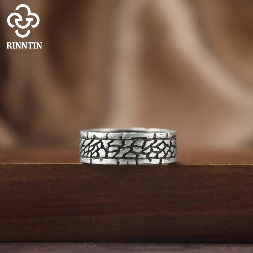 

Rinntin Trendy Cracked Pattern Ring For Men Jewelry Popular 925 Silver Vintage Cracked Texture Finger Ring Accessories NMR17