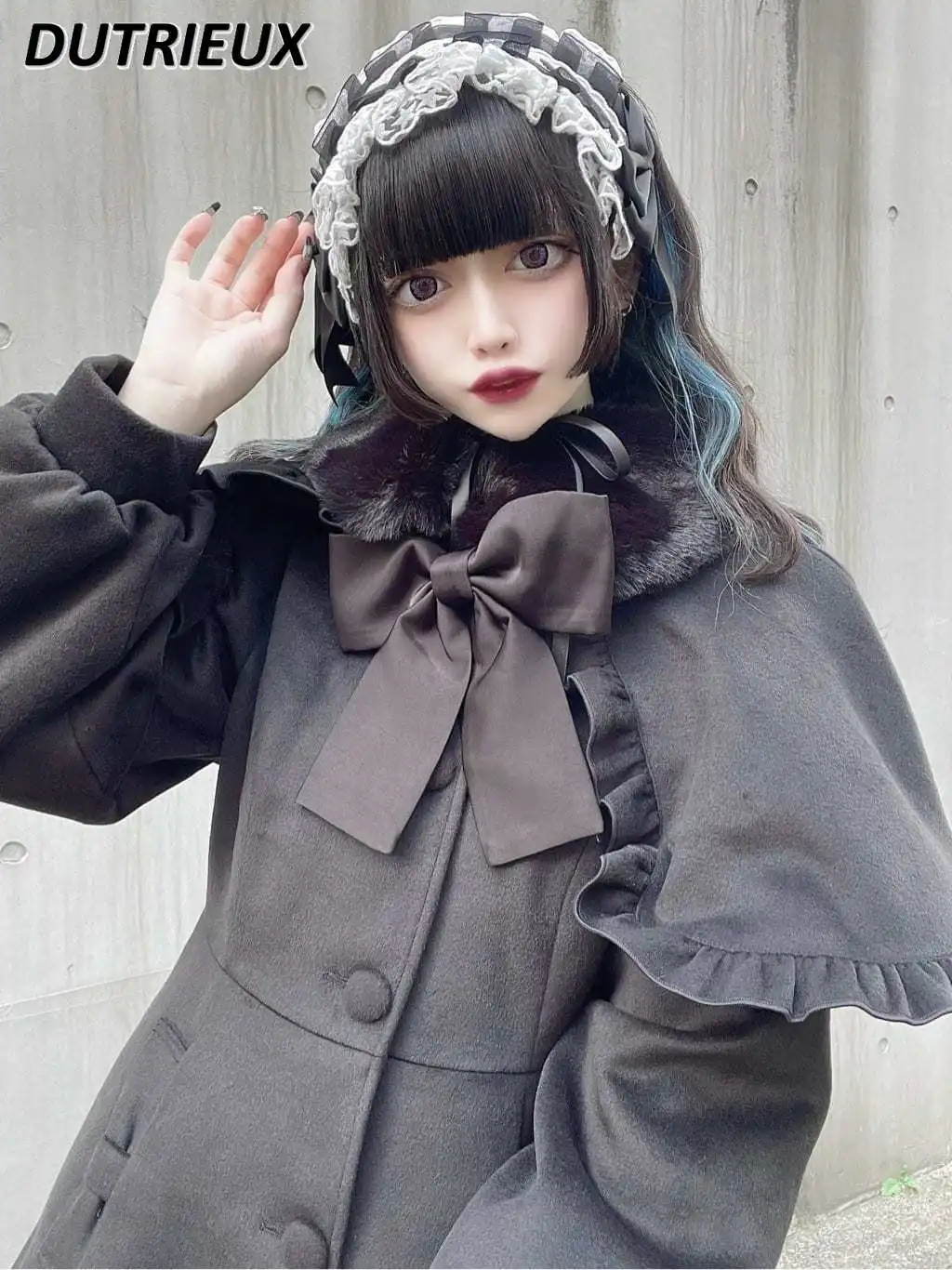 Autumn Winter Japanese Long Sleeve Single-Breasted Cape Jacket Loose Overcoat Mid-Length Sweet Girl Black Bow Woolen Coat