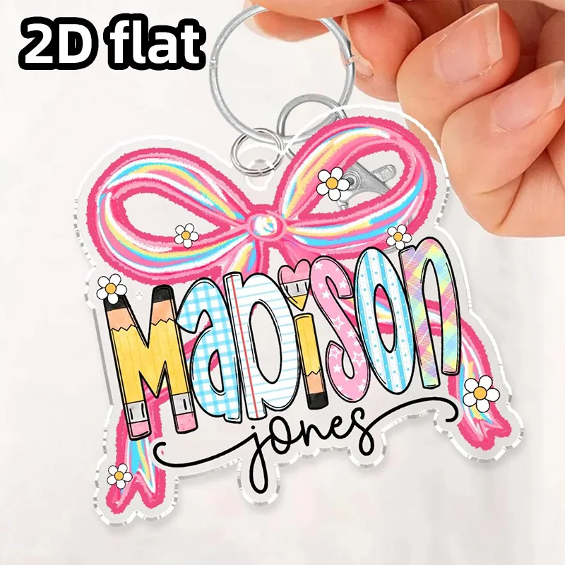 Personalized Backpack Name Tag Keychain, Cute Pink Bow Design
