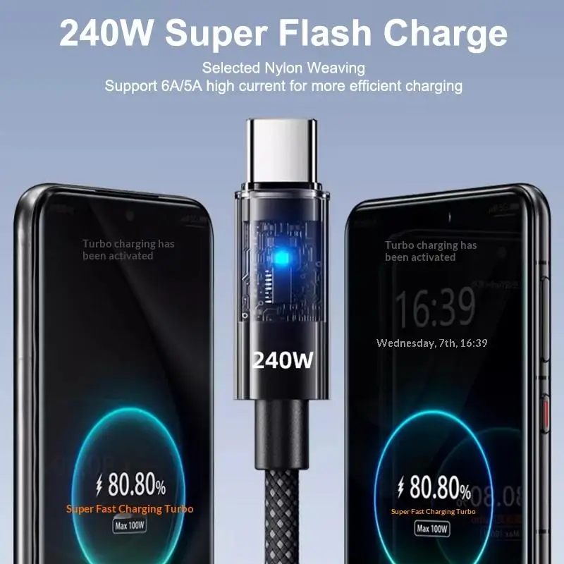 New Nylon Type C USB Cable 240W Super Fast Charging USB C Phone Charger Data Line For Samsung Xiaomi Huawei Quick Charge Cables