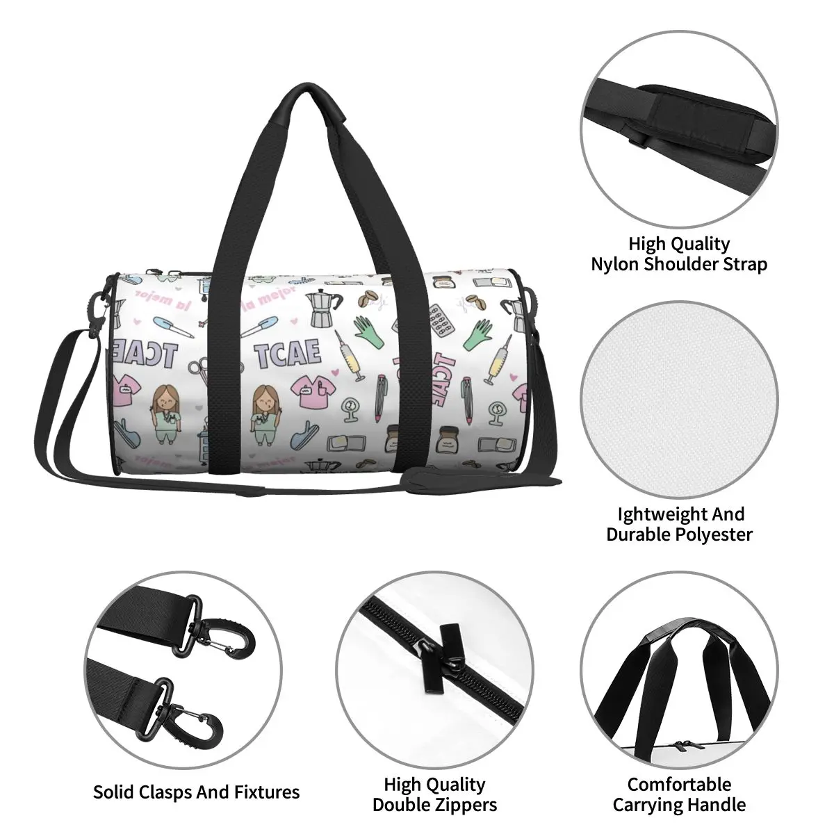 Enfermera En Apuros Nurse Sports Bags Travel Training Gym Bag with Shoes Cute Handbags Men's Design Weekend Fitness Bag