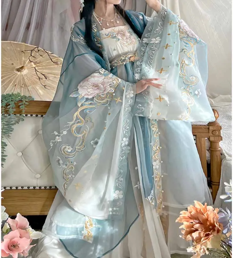 Hanfu فستان النساء التدرج الأزرق عالية الجودة التطريز التقليدية الصينية خمر Hanfu مجموعات الإناث كرنفال تأثيري حلي