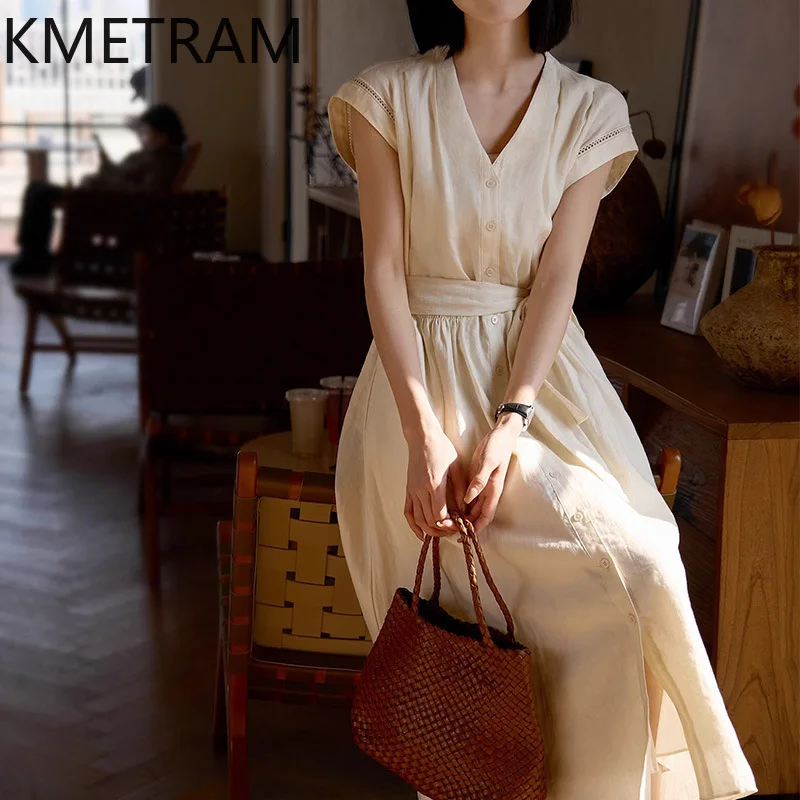 

KMETRAM 100% Linen Tank Dress Woman Lace-up Elegant Dresses for Woman Clothes V-Neck Summer New in Dresses 2025 Vestidos Mujer