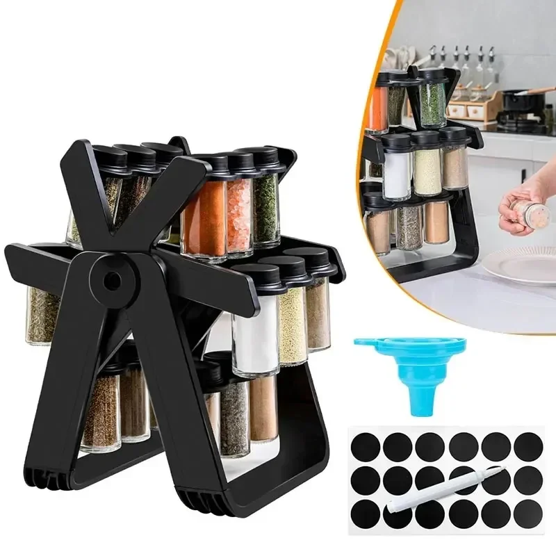 

New 360° Rotating Spice Rack with 18 Glass Spice Jar Set Convenient Salt and Pepper Shakers Seasoning Organizer Kitchen Supplies